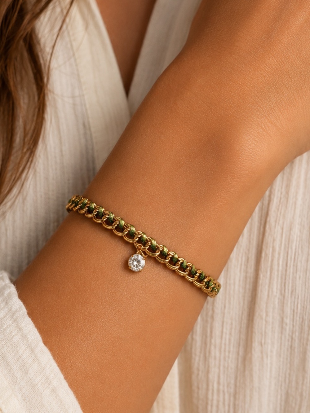 NEW - The Sak Gold Chain & Woven Olive Green Cord Bracelet w Rhinestone Charm